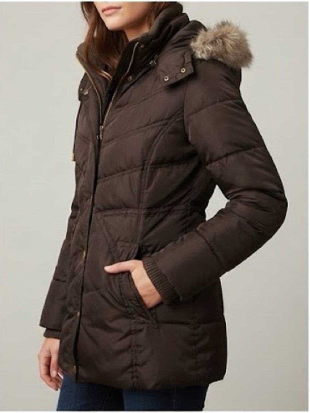 Reitmans - Women's Brown Quilted Puffer Jacket Coat  w Zipper and Faux-Fur Hood